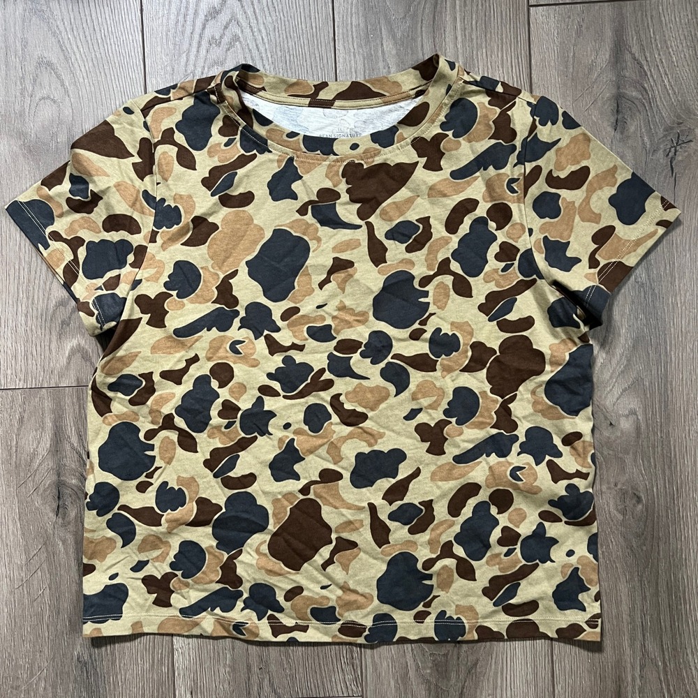 LL Bean Signature Womens Medium Camo Tshirt 100% Cotton Tan Brown